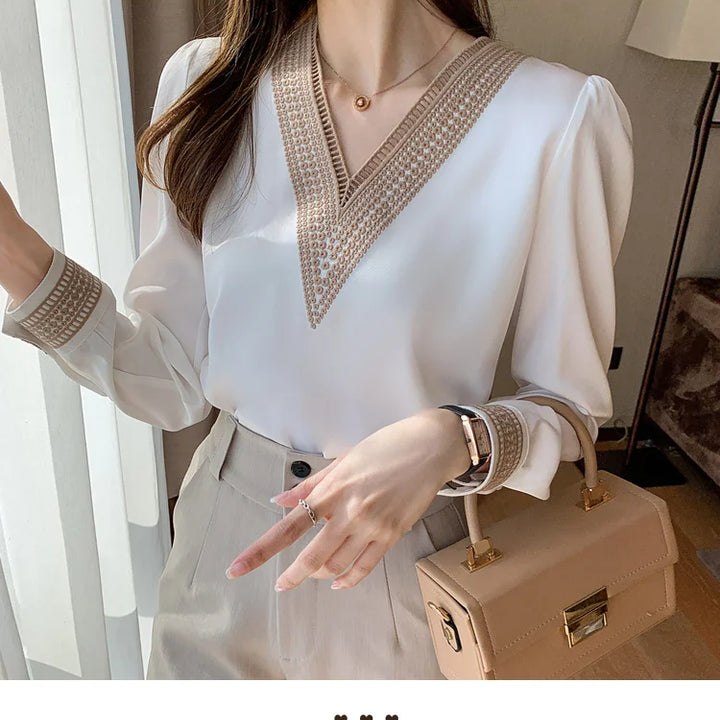 Elegant chiffon V-neck shirts with embroidered details on the sleeves