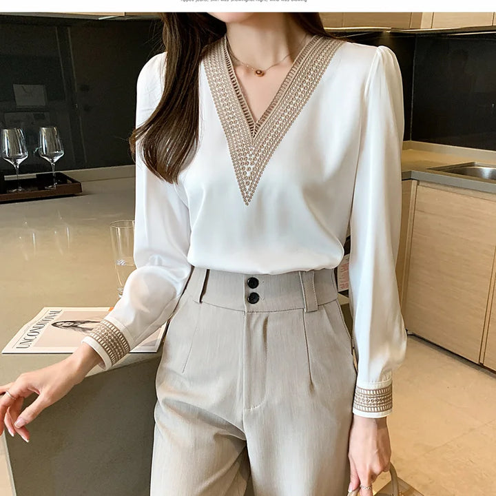 Elegant chiffon V-neck shirts with embroidered details on the sleeves