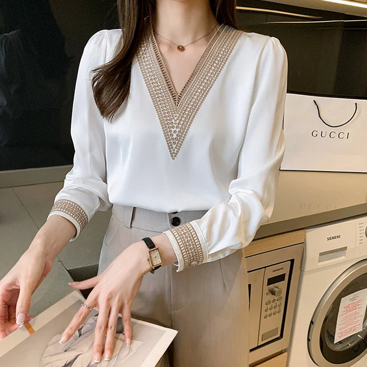 Elegant chiffon V-neck shirts with embroidered details on the sleeves