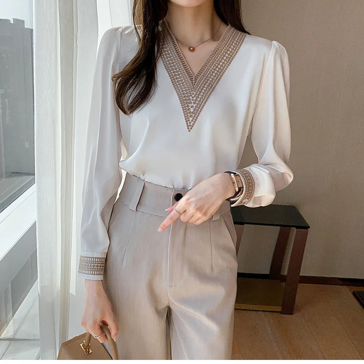 Elegant chiffon V-neck shirts with embroidered details on the sleeves
