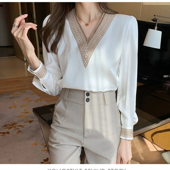 Elegant chiffon V-neck shirts with embroidered details on the sleeves