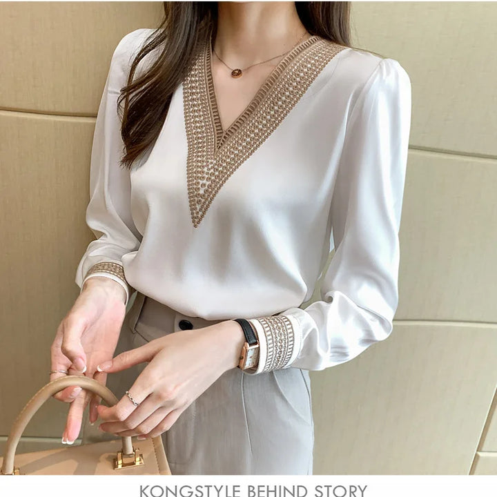 Elegant chiffon V-neck shirts with embroidered details on the sleeves