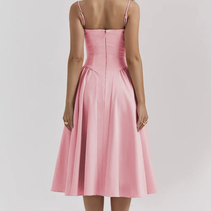 High-waisted summer dress with princess neckline and thin straps