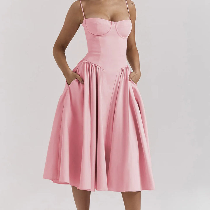 High-waisted summer dress with princess neckline and thin straps