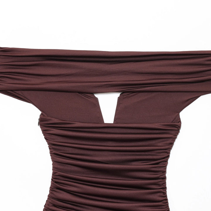 Bodysuit, fitted, V-neck, draped, off-the-shoulder sleeves