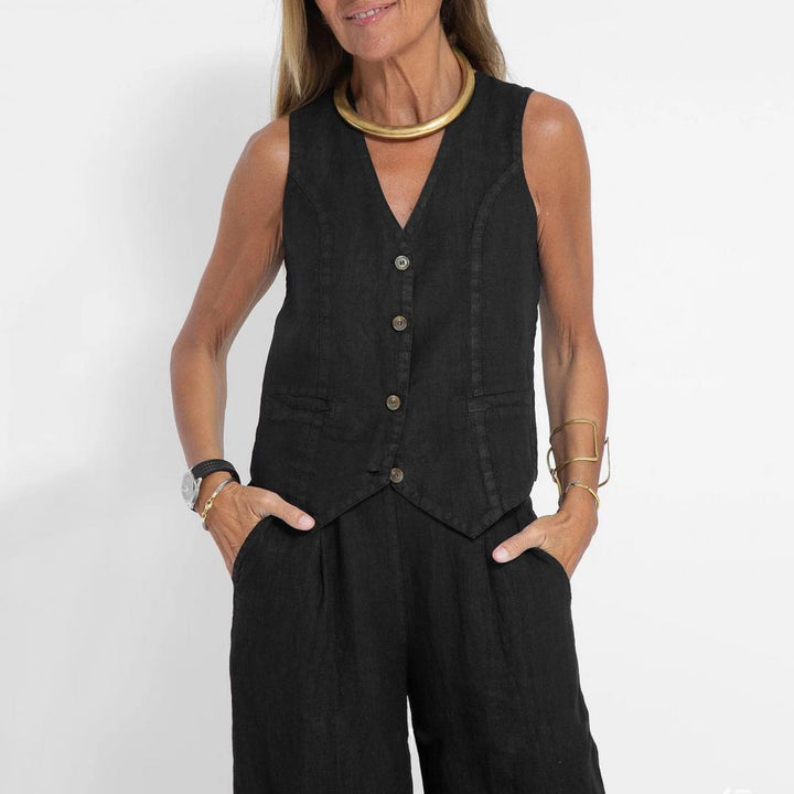 Two-piece linen set in various colors, sleeveless tank top, high-waisted wide-leg pants