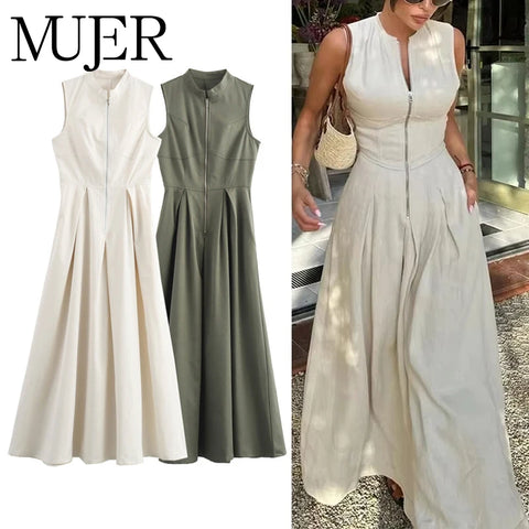 Long dress with zipper, pleated, sleeveless, fitted