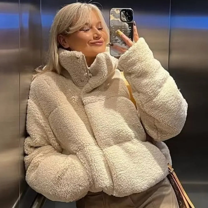 Short Lambswool Coat with High Collar