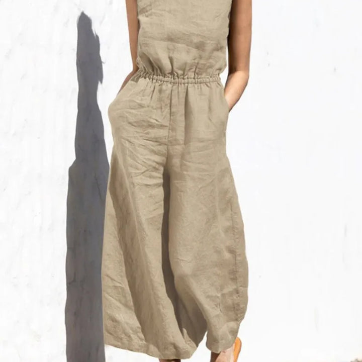 Cotton and linen jumpsuit, various colors, sleeveless, high waist, wide legs, casual