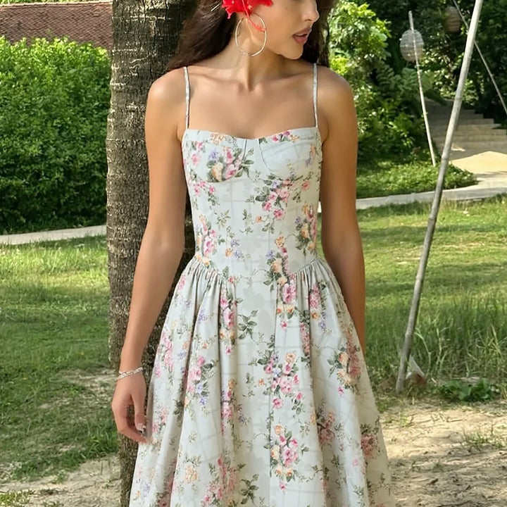 High-waisted summer dress with princess neckline and thin straps