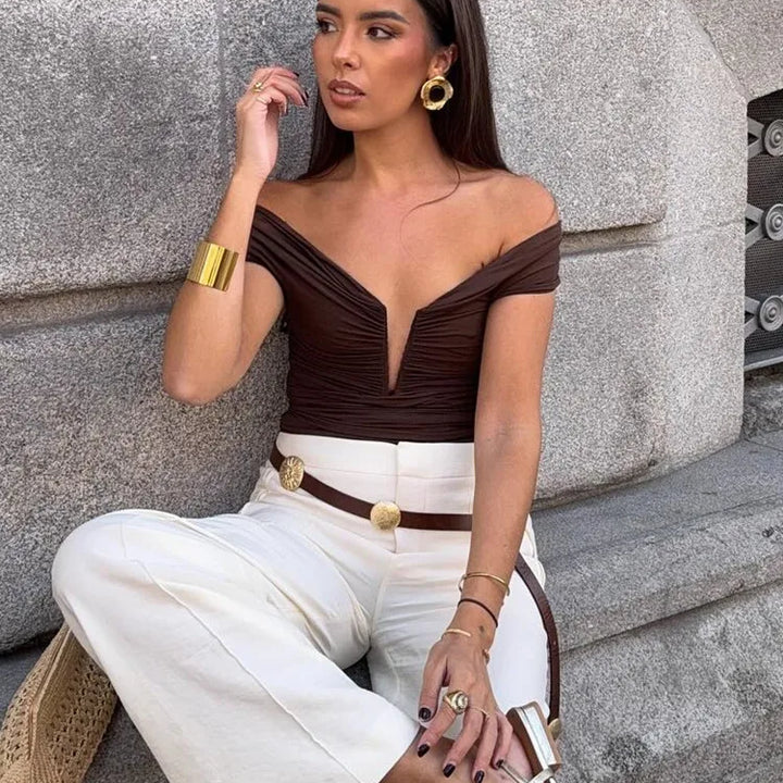 Bodysuit, fitted, V-neck, draped, off-the-shoulder sleeves