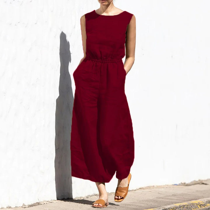 Cotton and linen jumpsuit, various colors, sleeveless, high waist, wide legs, casual