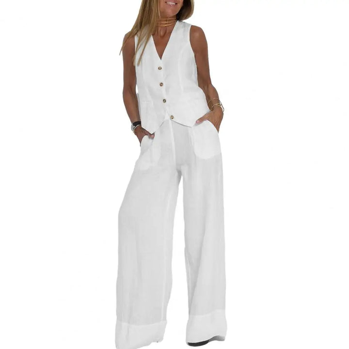 Two-piece linen set in various colors, sleeveless tank top, high-waisted wide-leg pants