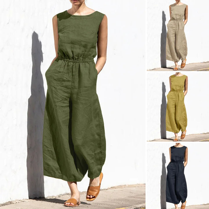 Cotton and linen jumpsuit, various colors, sleeveless, high waist, wide legs, casual