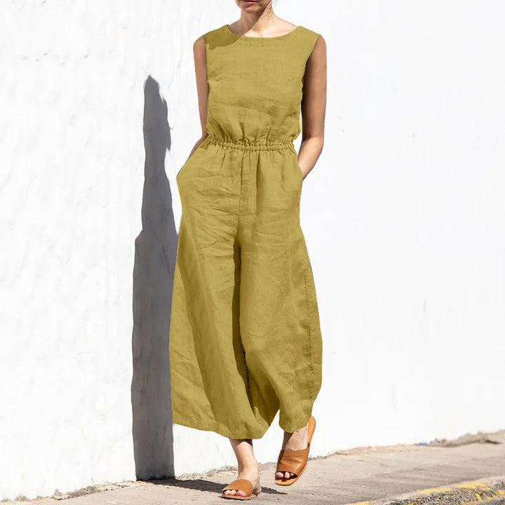 Cotton and linen jumpsuit, various colors, sleeveless, high waist, wide legs, casual