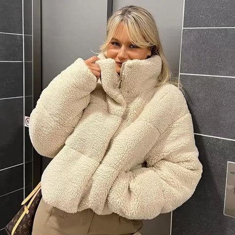 Short Lambswool Coat with High Collar