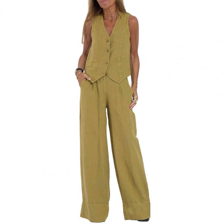 Two-piece linen set in various colors, sleeveless tank top, high-waisted wide-leg pants