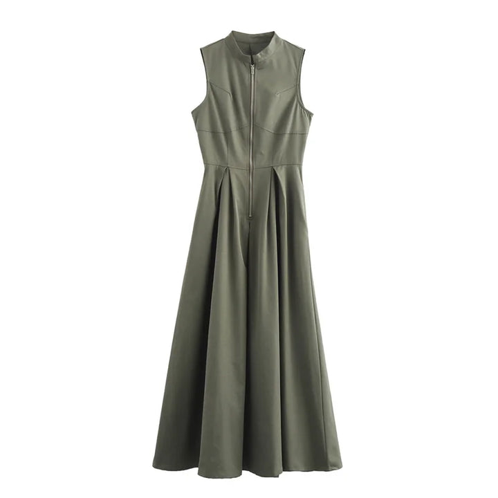 Long dress with zipper, pleated, sleeveless, fitted