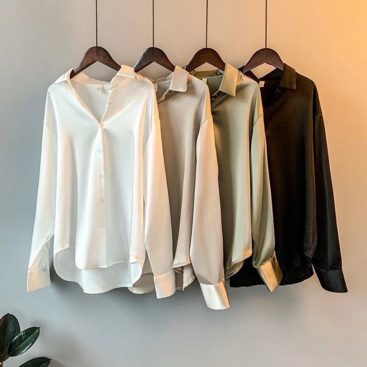 Satin shirt, formal, V-neck, long sleeve, formal