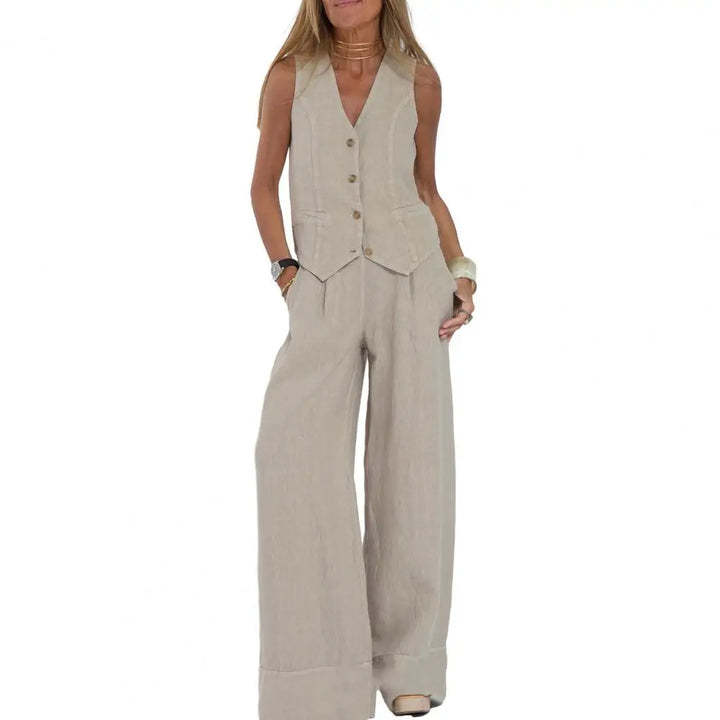Two-piece linen set in various colors, sleeveless tank top, high-waisted wide-leg pants