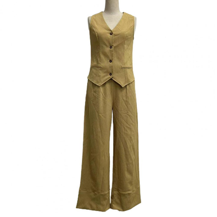 Two-piece linen set in various colors, sleeveless tank top, high-waisted wide-leg pants