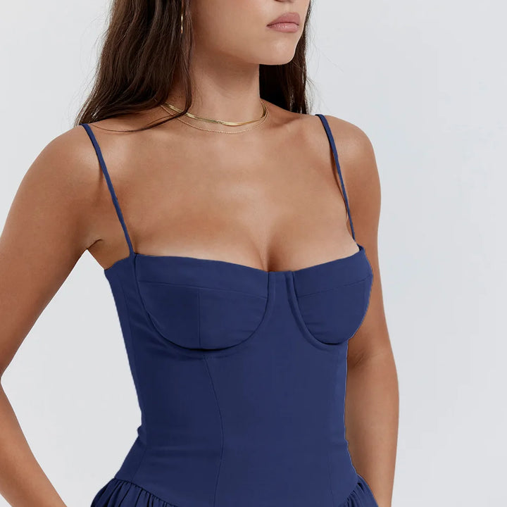 High-waisted summer dress with princess neckline and thin straps