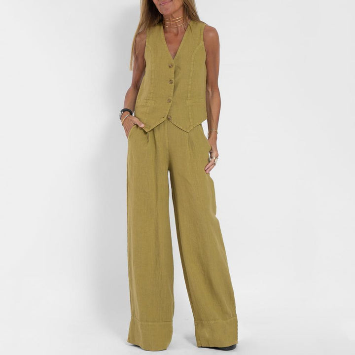 Two-piece linen set in various colors, sleeveless tank top, high-waisted wide-leg pants