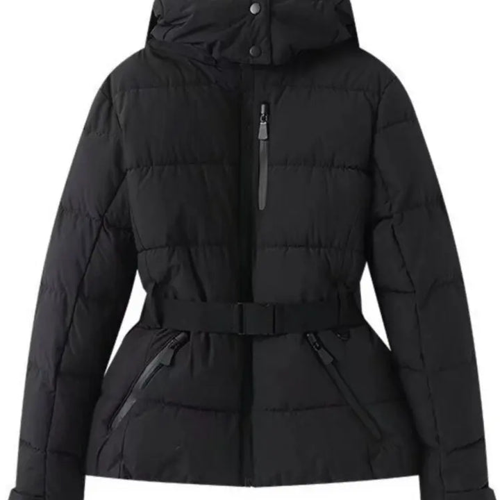 Padded jacket with hood and high waist with windproof belt