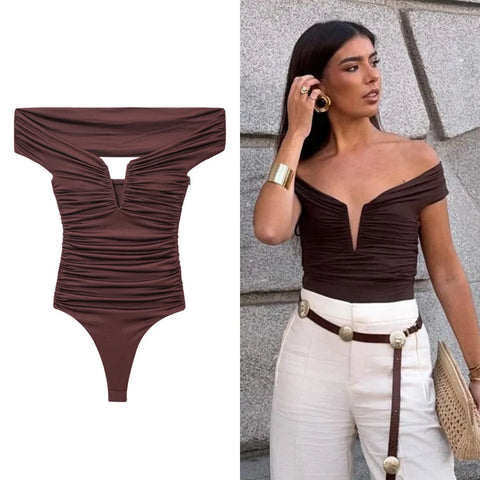 Bodysuit, fitted, V-neck, draped, off-the-shoulder sleeves