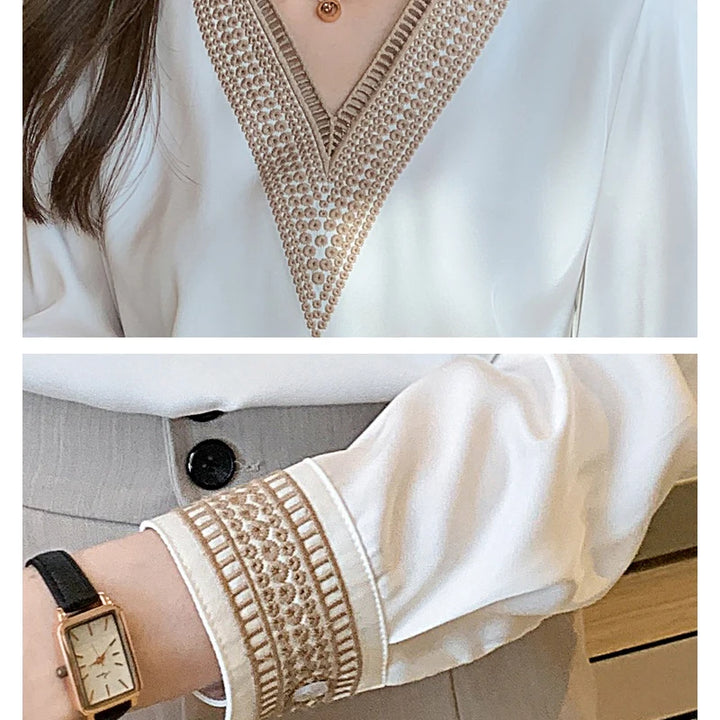 Elegant chiffon V-neck shirts with embroidered details on the sleeves