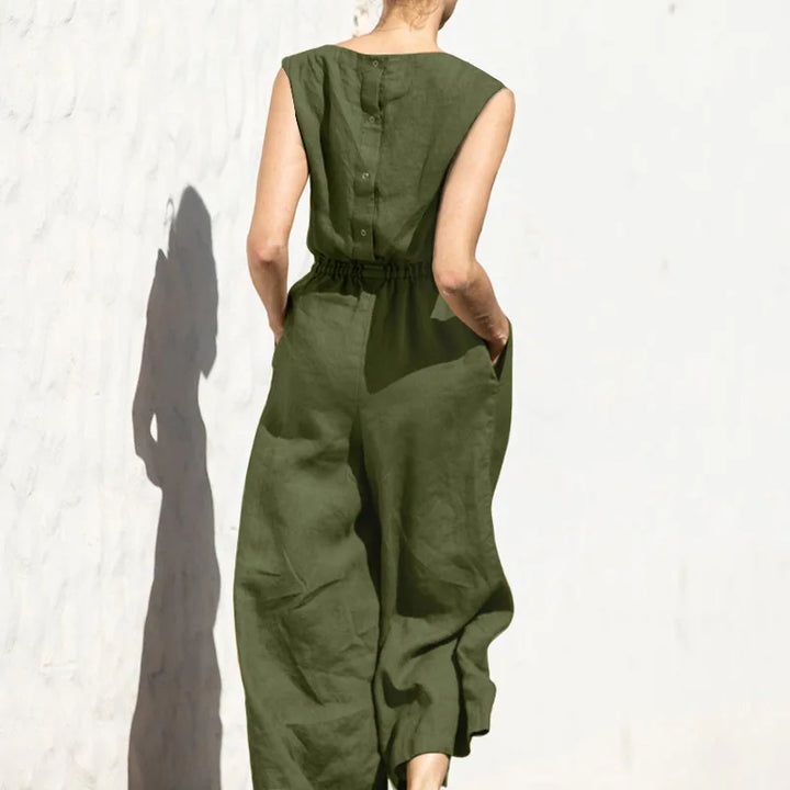 Cotton and linen jumpsuit, various colors, sleeveless, high waist, wide legs, casual