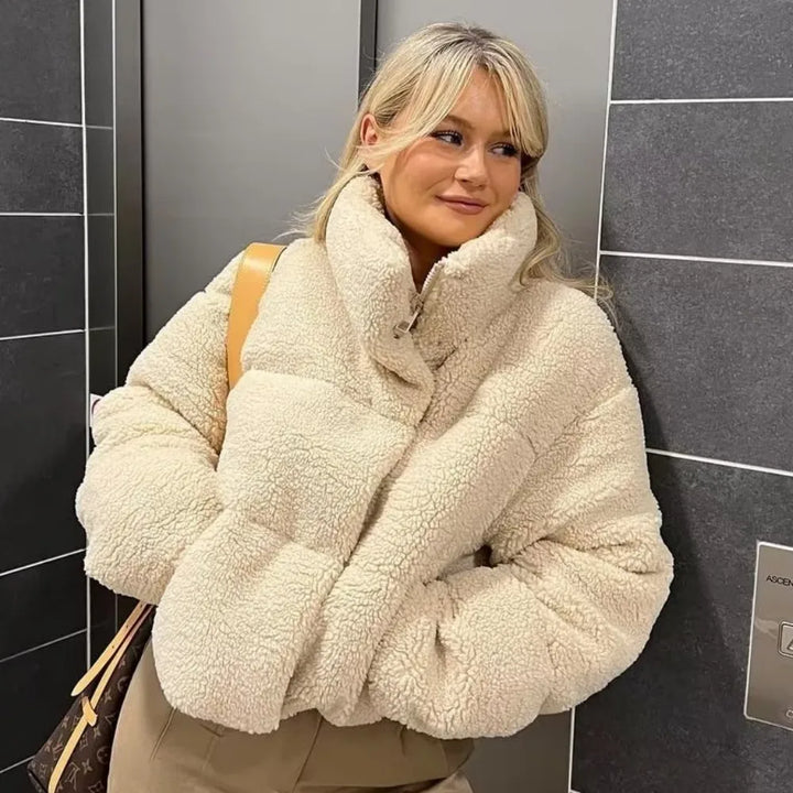 Short Lambswool Coat with High Collar