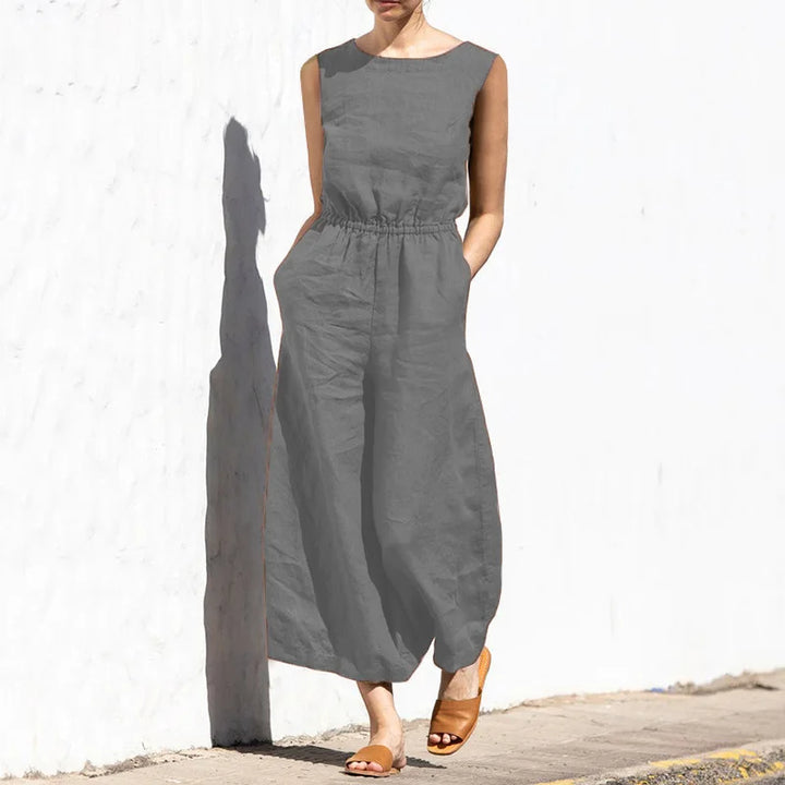 Cotton and linen jumpsuit, various colors, sleeveless, high waist, wide legs, casual