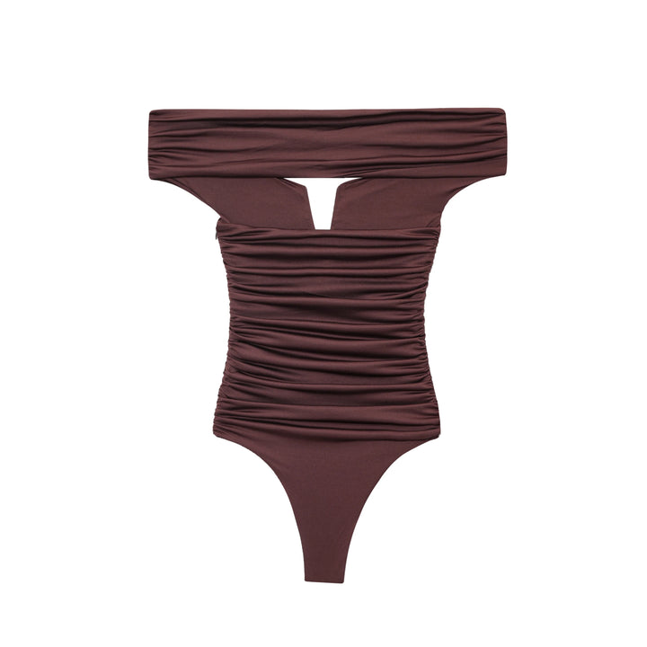 Bodysuit, fitted, V-neck, draped, off-the-shoulder sleeves