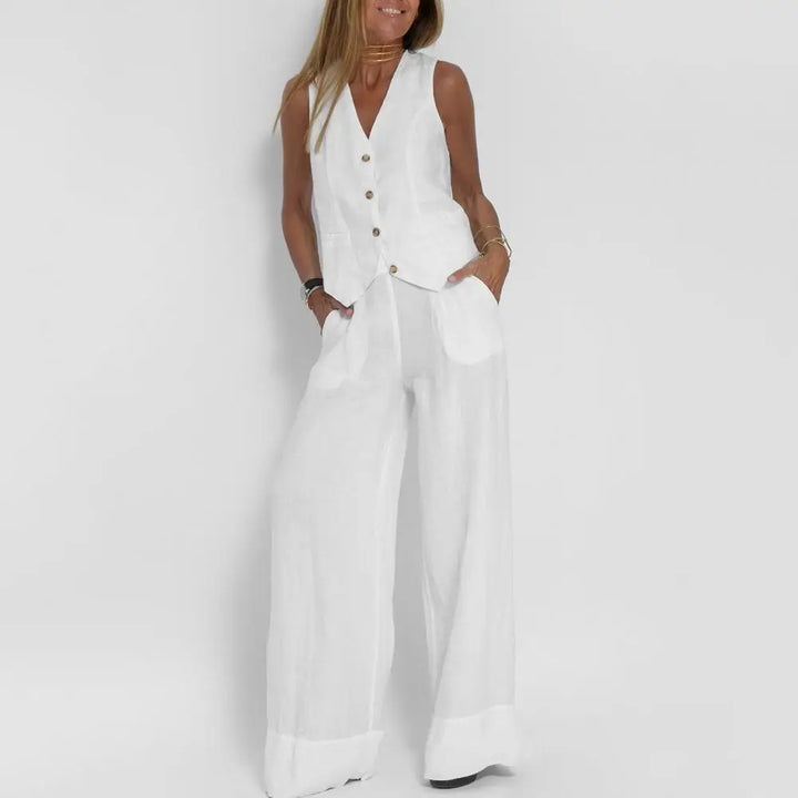 Two-piece linen set in various colors, sleeveless tank top, high-waisted wide-leg pants