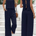 Casual set, wide pants, sleeveless blouse, open back with tie, detail on the hem of the blouse