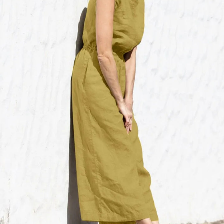 Cotton and linen jumpsuit, various colors, sleeveless, high waist, wide legs, casual