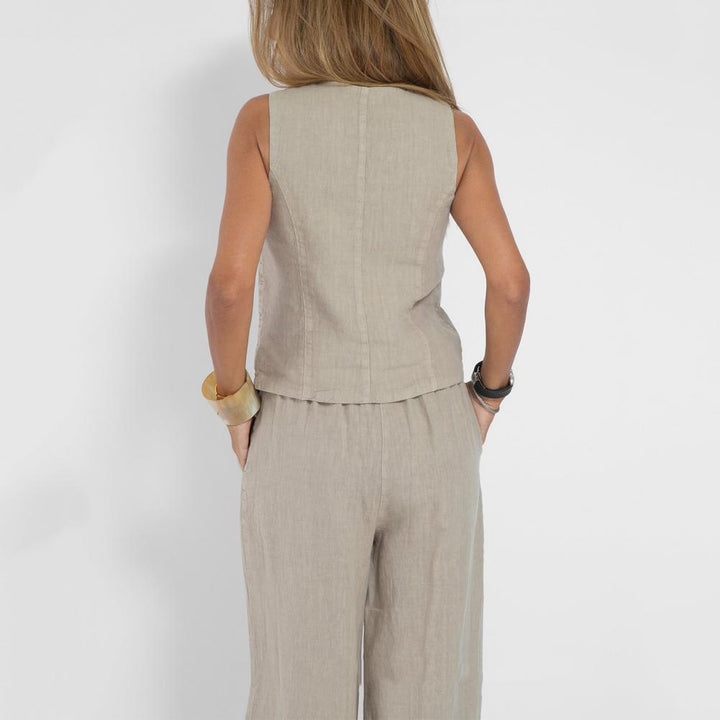 Two-piece linen set in various colors, sleeveless tank top, high-waisted wide-leg pants