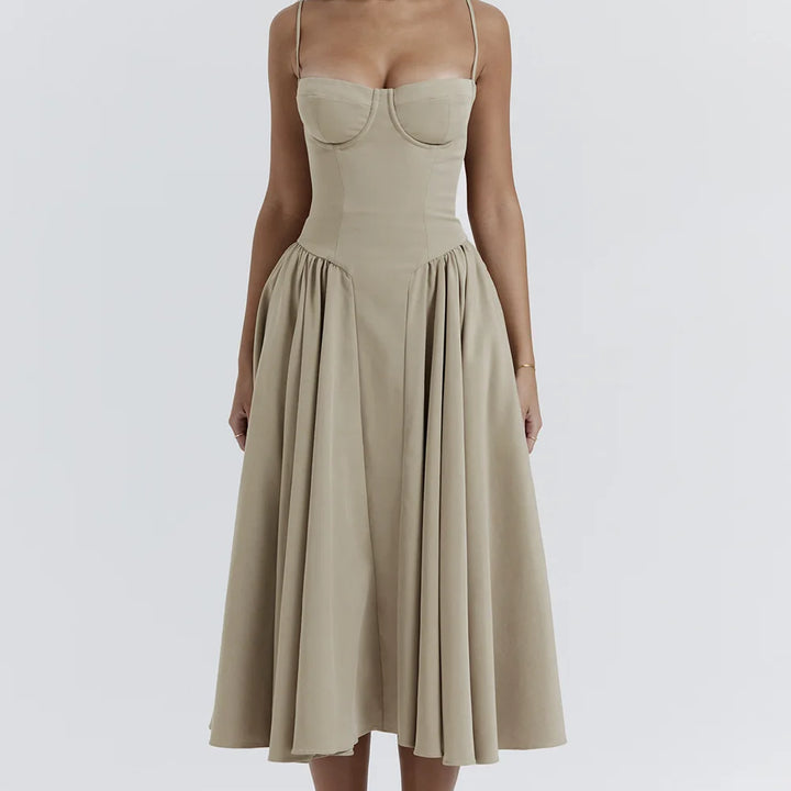 High-waisted summer dress with princess neckline and thin straps