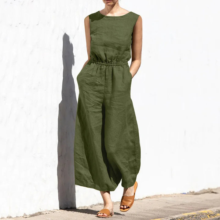 Cotton and linen jumpsuit, various colors, sleeveless, high waist, wide legs, casual