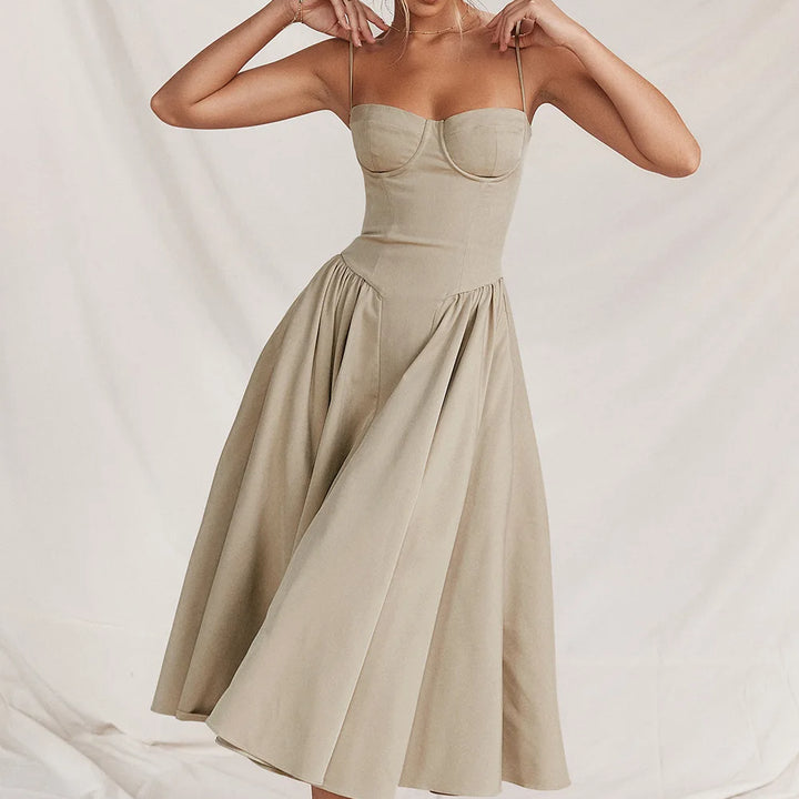 High-waisted summer dress with princess neckline and thin straps