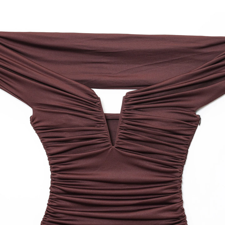 Bodysuit, fitted, V-neck, draped, off-the-shoulder sleeves