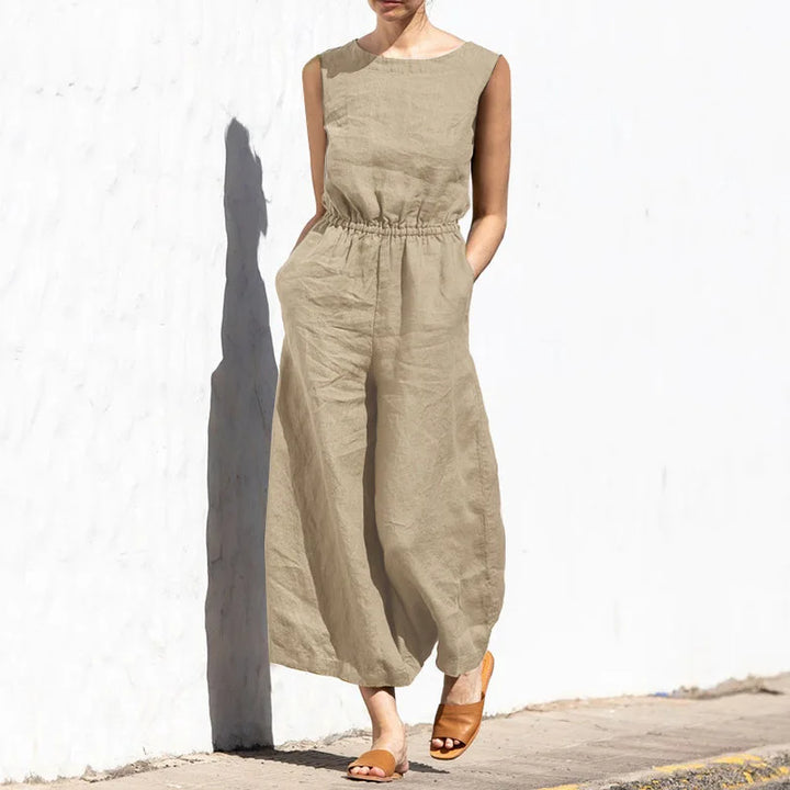 Cotton and linen jumpsuit, various colors, sleeveless, high waist, wide legs, casual