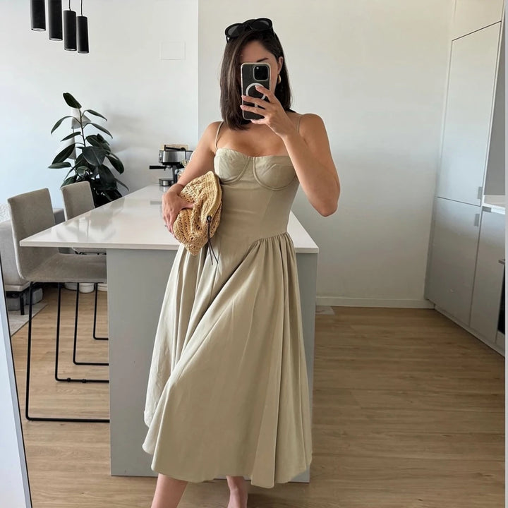 High-waisted summer dress with princess neckline and thin straps