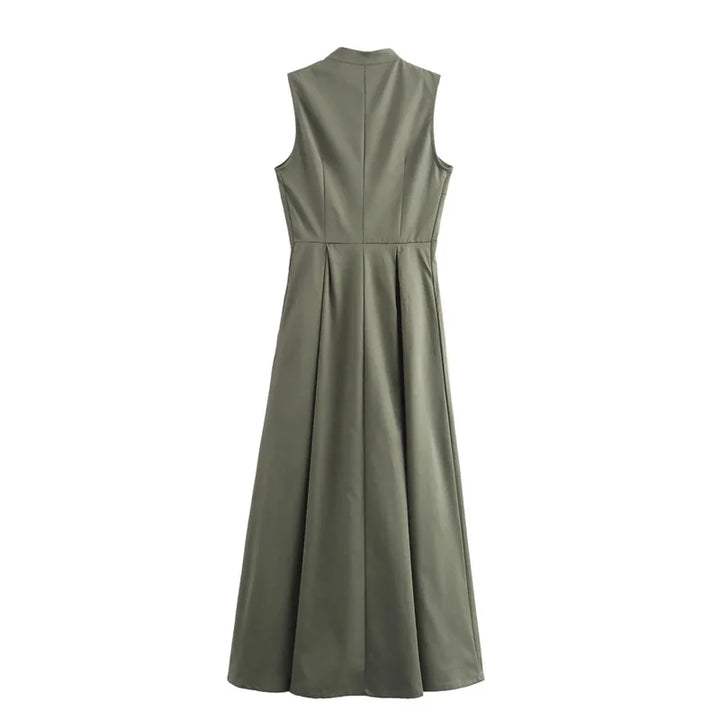 Long dress with zipper, pleated, sleeveless, fitted