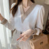 Elegant chiffon V-neck shirts with embroidered details on the sleeves