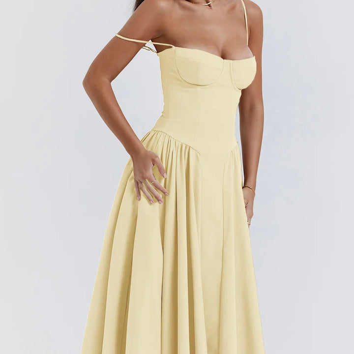 High-waisted summer dress with princess neckline and thin straps