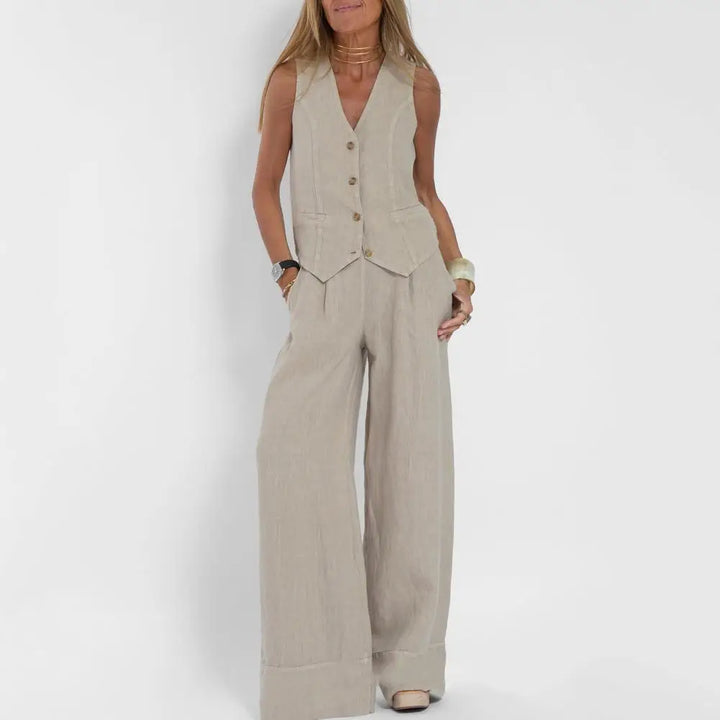 Two-piece linen set in various colors, sleeveless tank top, high-waisted wide-leg pants