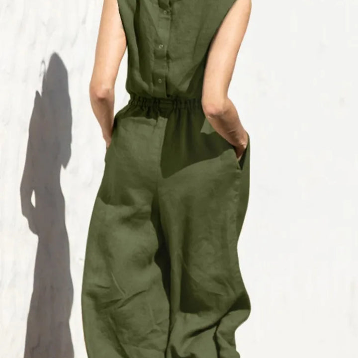 Cotton and linen jumpsuit, various colors, sleeveless, high waist, wide legs, casual