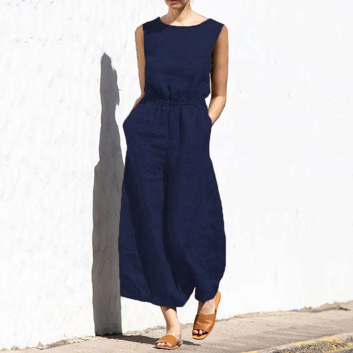 Cotton and linen jumpsuit, various colors, sleeveless, high waist, wide legs, casual